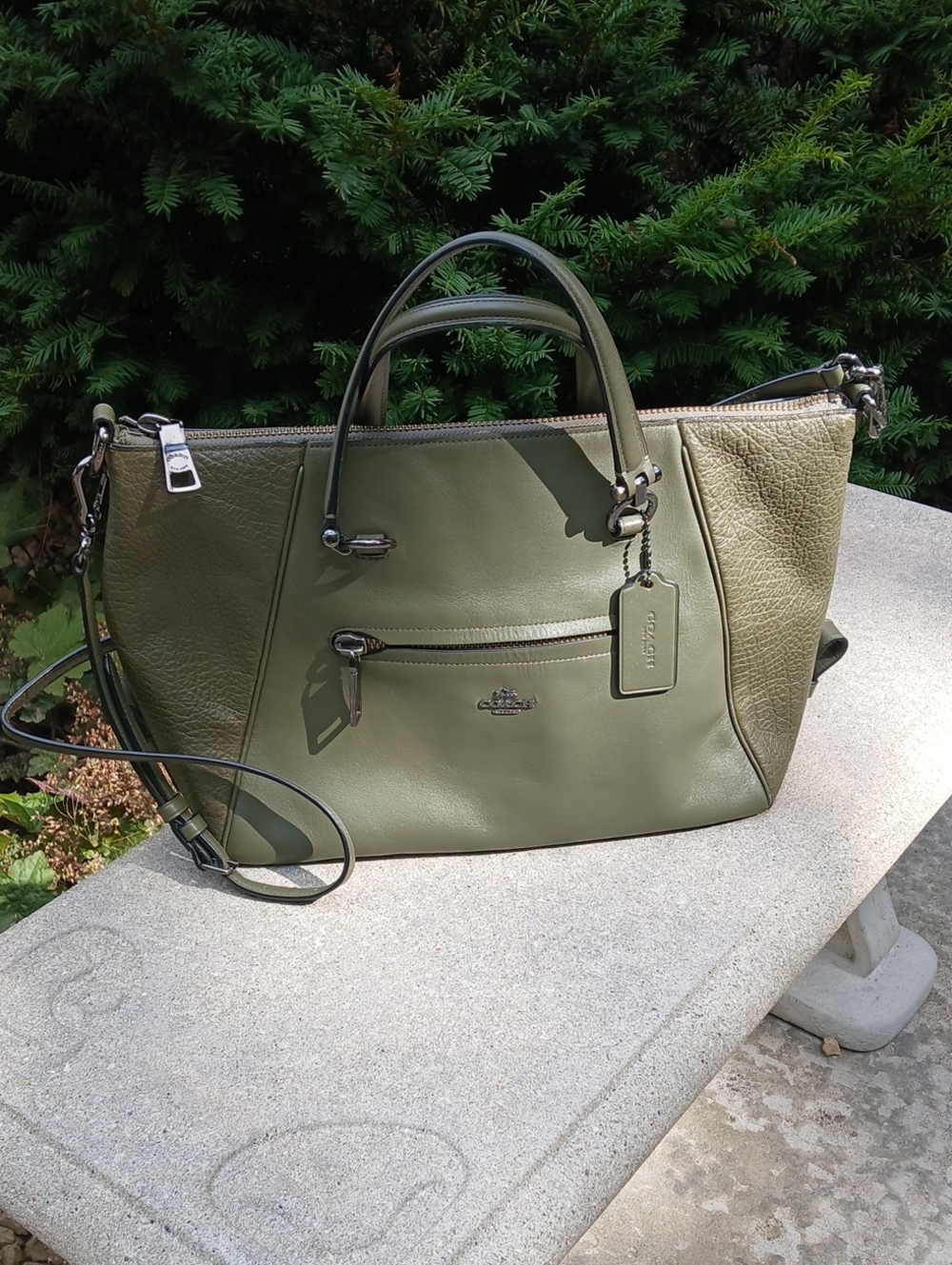 Coach Prairie Satchel 2Way Shoulder Handbag Pebbled Leather Army Green